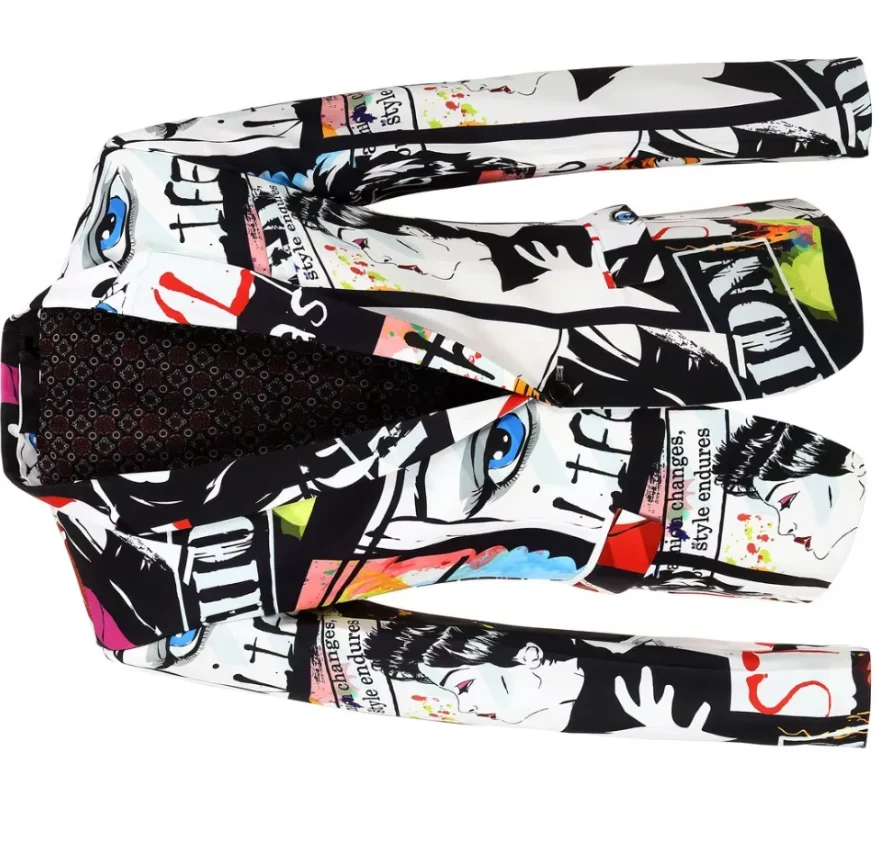 تصميم السترة المطبوعة على الموضة بالإضافة إلى حجم الرجال الأبيض الورك الساخن عارضة الذكور سليم صالح البدلة سترة المغني زي معطف ملون