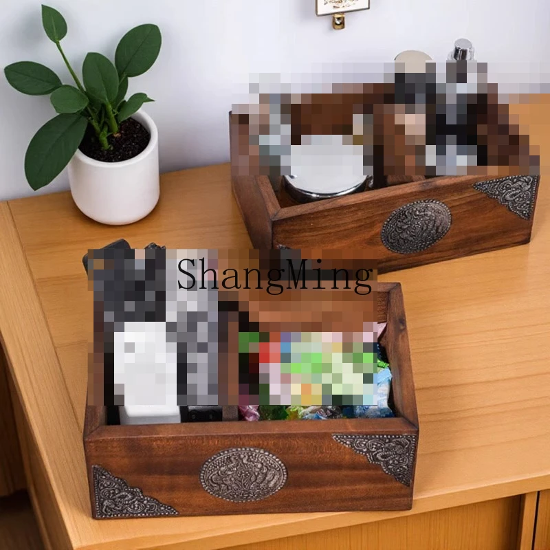 

CL double grid desktop storage box home living room remote control cosmetics retro solid wood storage box