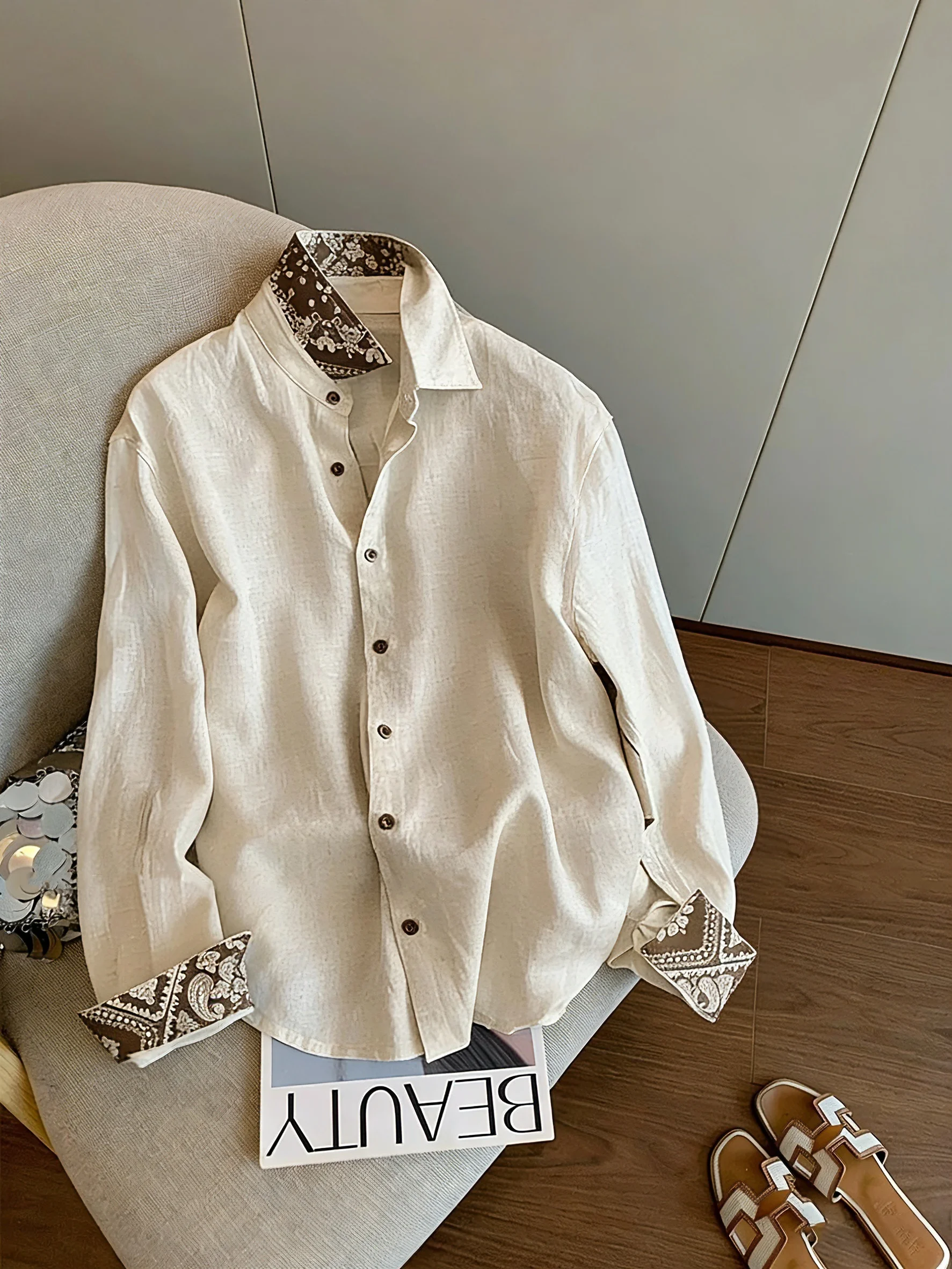 

Loose Fit Linen Long Sleeve Shirt Vintage Walnut Pattern Unisex Spring Autumn High End Casual Style Women's Men's Top Trendy