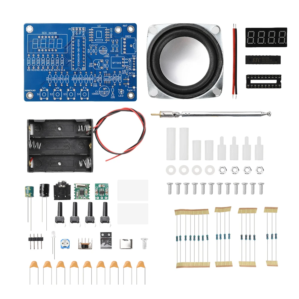 Full Band FM Receiver DIY Kit 87.5-108MHz High Sensitivity 3-5W Mono Audio Type-C Power Supply 3.3V Step Up/Down Module Learning