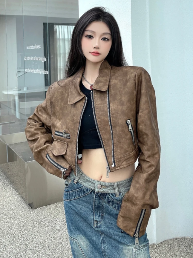 Short Leather Jacket Women's Retro Brown American-Style Fashionable Slim-Fit Casual Versatile Irregular Design Top Spring Autumn