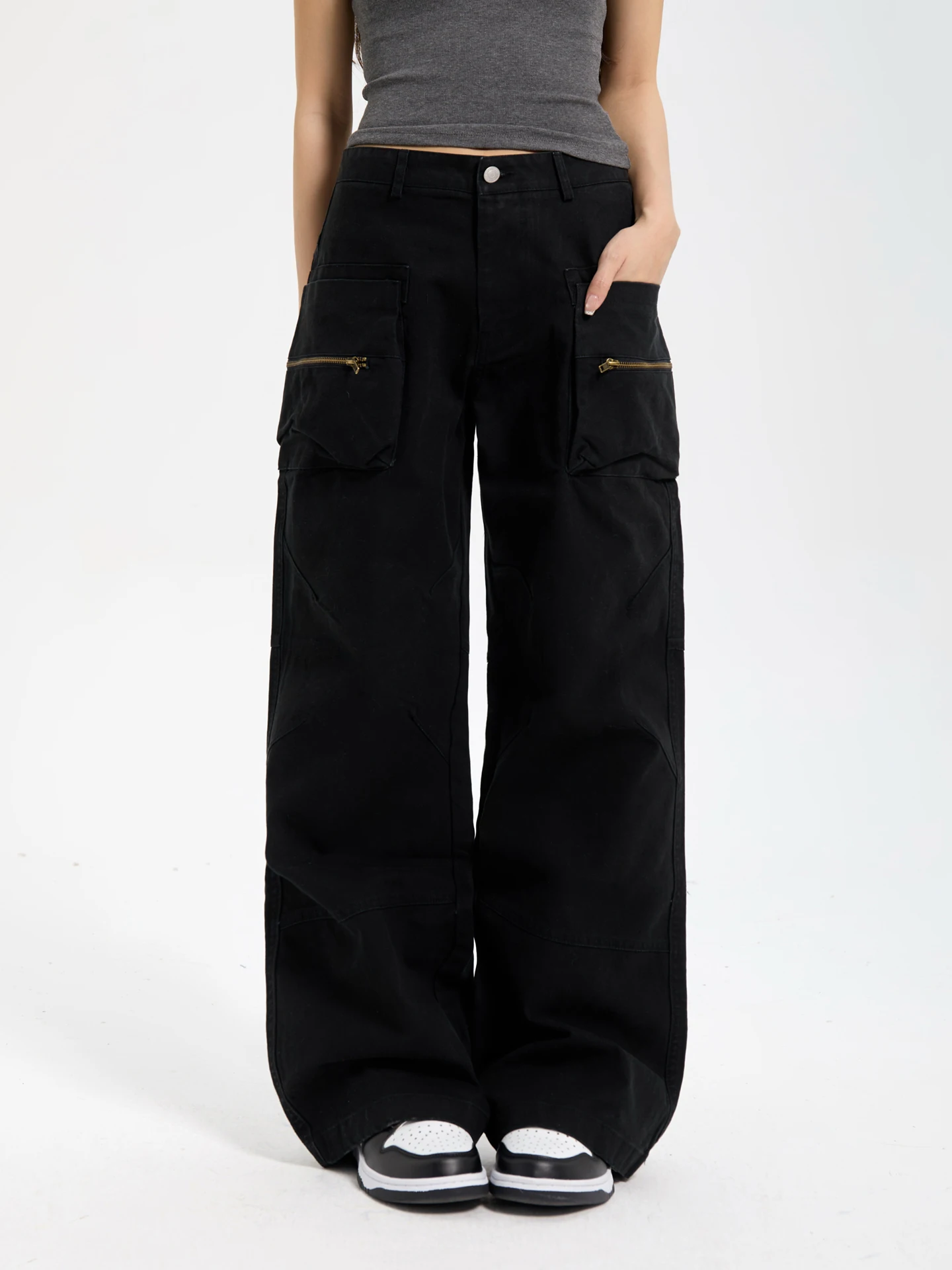 

7KEEWEN Autumn American Retro Loose Wide Leg Workwear Trousers for Women High Street Multi ket Casual Straight Leg Pants