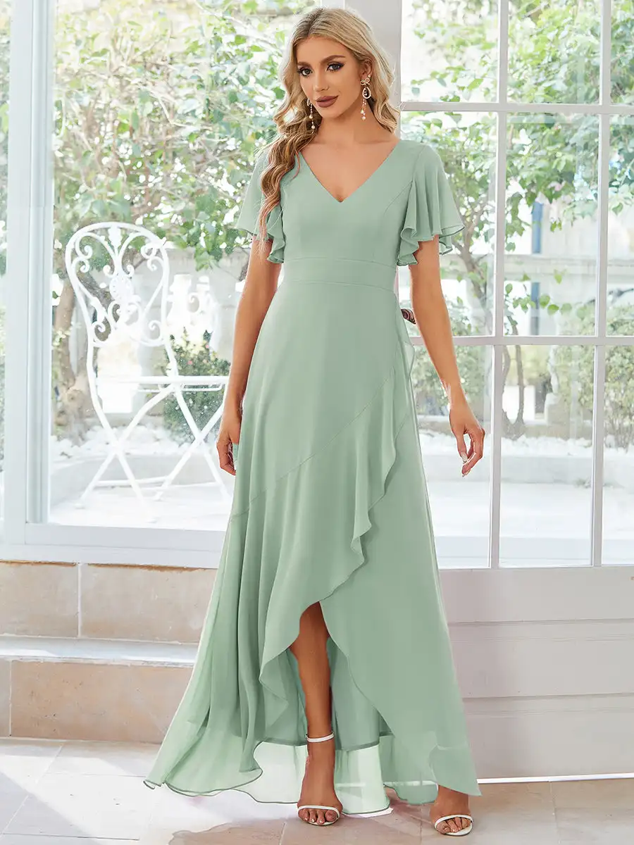 Elegante Abendkleider V-Ausschnitt hoch niedrige Rüschen boden lang immer hübsch von A-Linie Chiffon Minze grün Brautjungfer kleid