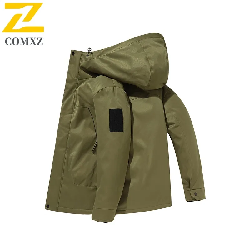 COMXZ Men Fleece Lined Jacket Winter Autumn Korean Style Waterproof Windproof Hooded Outdoor Sports Casual Solid Color Coat 2025