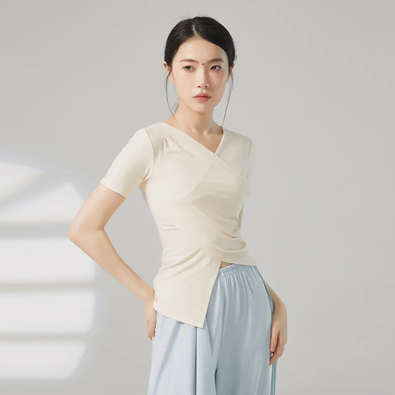 

Irregular Hemline Tee Shirt Women Summer Short Sleeve Modal Viscose Top Sexy V Neck Body Rhyme Clothes Yoga Classical Modern New