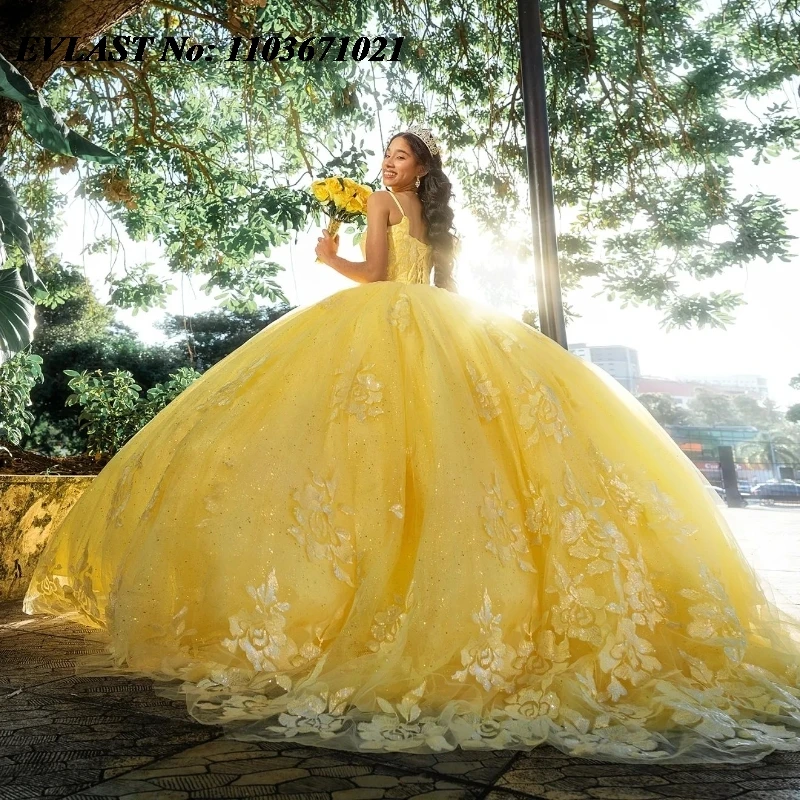 EVLAST Mexican Yellow Quinceanera Dress Ball Gown Lace Applique Beaded With Cape Corset Sweet 16 Gown Vestidos De Anos SQ384