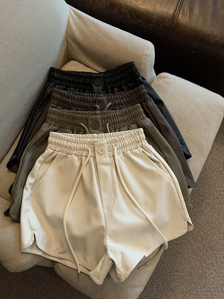 

Модные шорты из искусственной кожи с высокой талией и широкими штанинами для молодых женщин, коллекция ранней весны