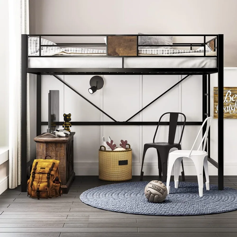 سرير علوي من سيرلين بحجم مزدوج مع سلم ودرابزين، تصميم ريفي، شرائح معدنية تدعم لا حاجة إلى صندوق زنبركي لتوفير مساحة صغيرة