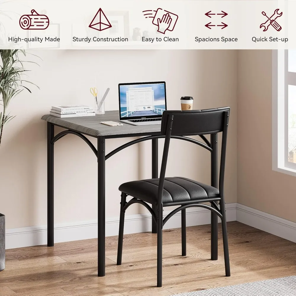 طقم طعام مربع رمادي ريفي حديث، طاولة 29.2 بوصة طول × عرض 30.1 بوصة ارتفاع، كراسي 33.7 بوصة 18.4 بوصة 17 بوصة، شخصان، معدن وMDF، سهلة التجميع #3