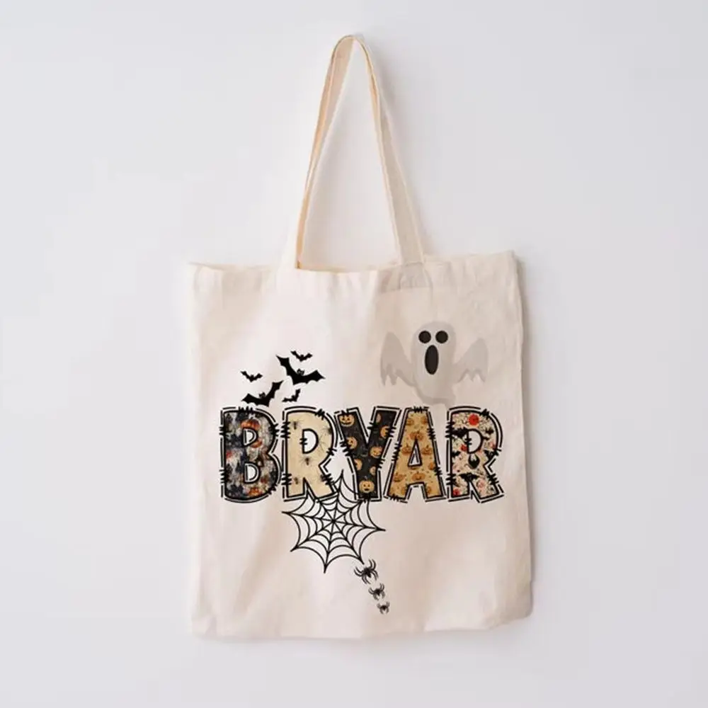 Printed Canvas Tote Bag Halloween Name Pumpkin Custom Name Text Logo Daily Travel Storage Handbag For Students School Activities
