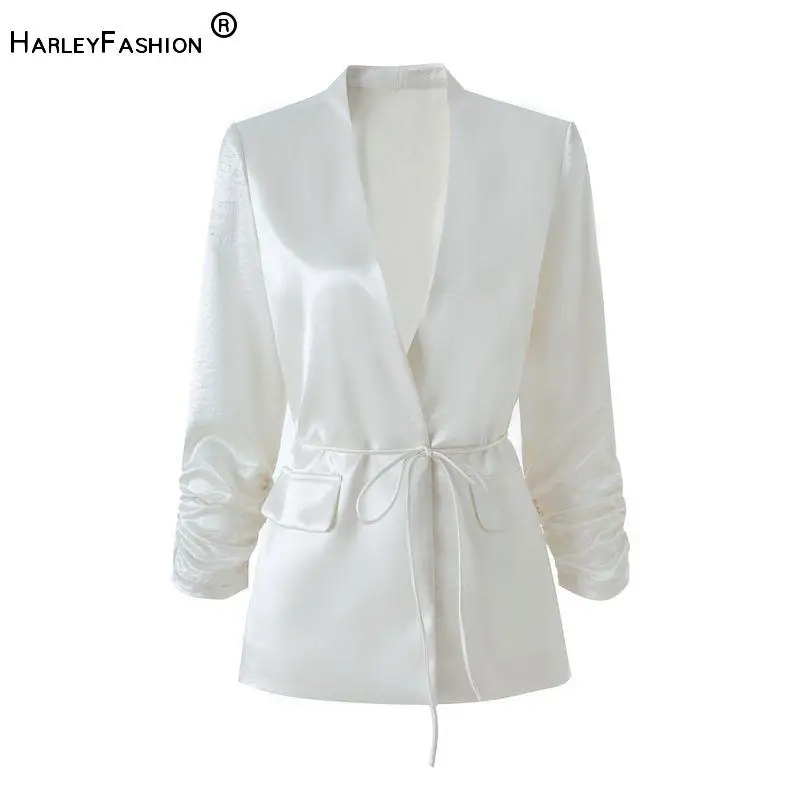 

2026 In Stock High Quality Summer Lady Office Wear V-neck Three Quarter Sleeve Solid Blazer With Sash Women