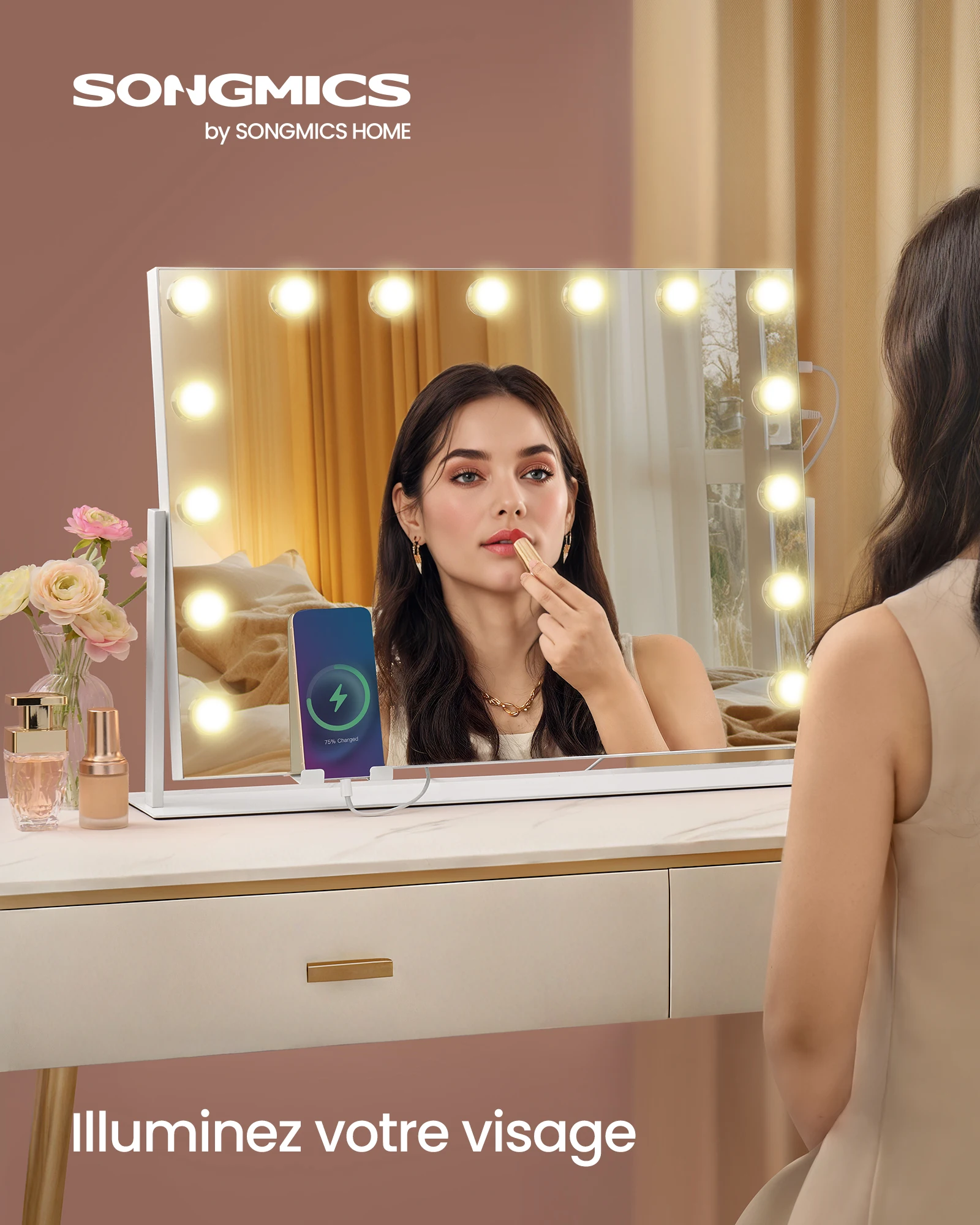 مرآة زينة، 15 لمبة LED، منفذ شحن، مرآة مكبرة قابلة للفصل، 3 درجات حرارة ألوان، 58 × 43 سم، أبيض غير لامع