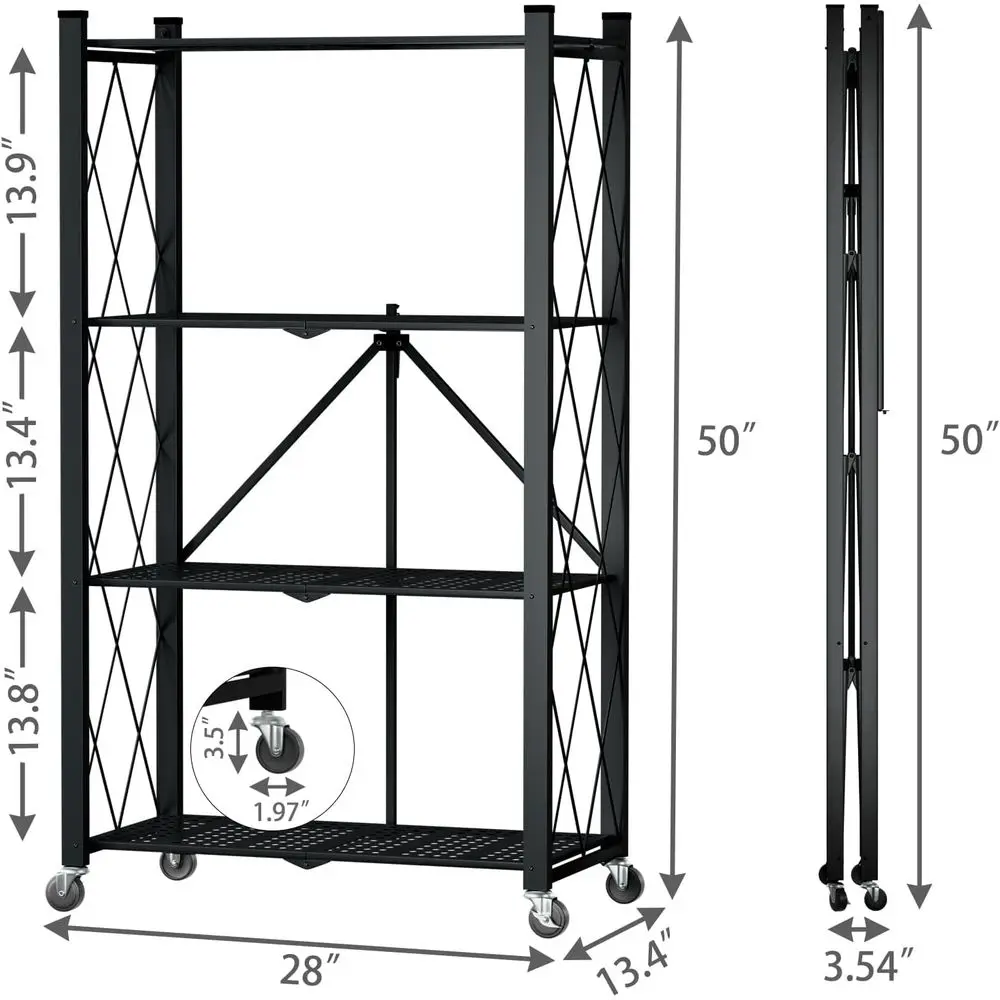 رف فولاذي قابل للطي عالي التحمل مكون من 4 طبقات مع عجلات، سعة 600 رطلاً، رف تخزين دوار للمطبخ والمخزن والمكتب - أسود