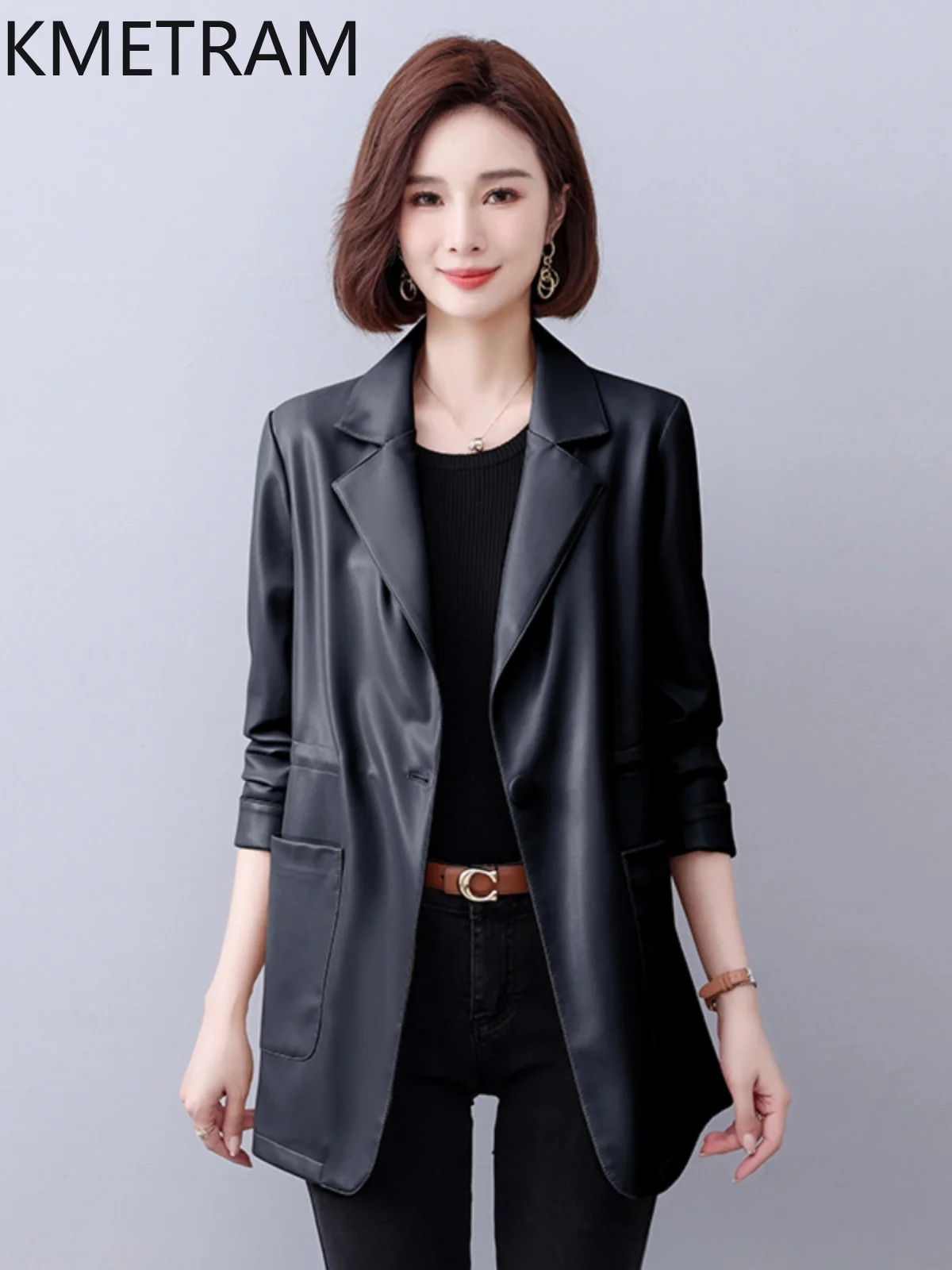 KMETRAM Real Sheepskin Leather Womens Jacket High Quality Autumn Women's Clothing Mid Length Coats Korean Suit Chamarra Mujer