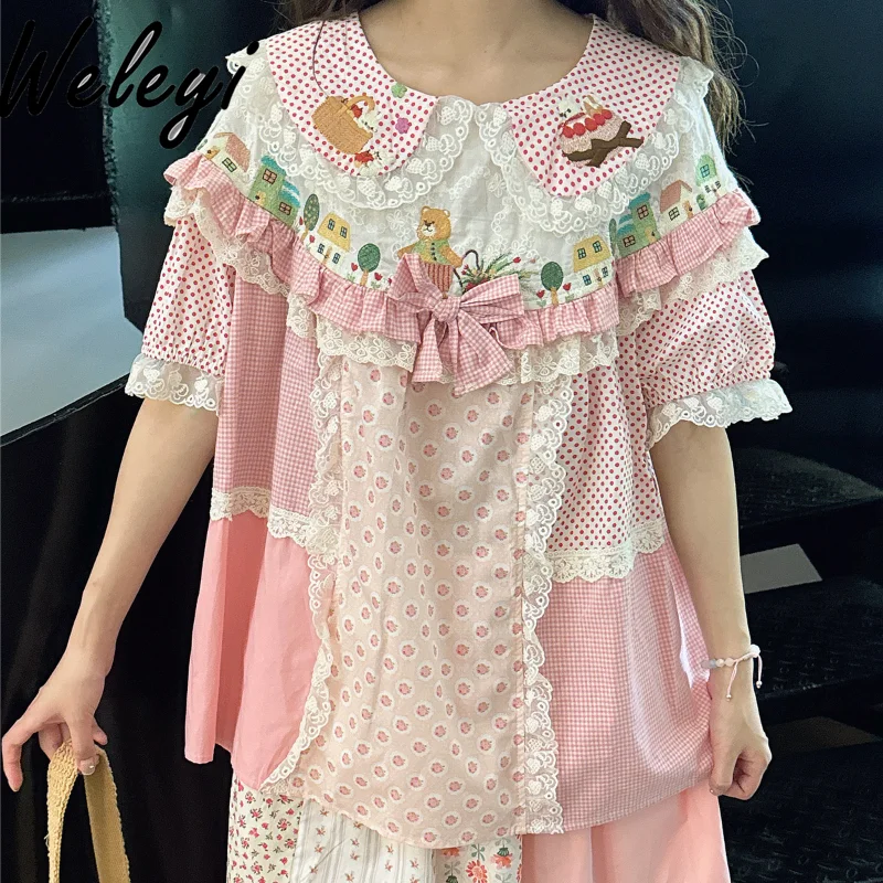 

Summer Sweet Girl Pink Plaid Blouse 2024 New Japanese Style Three-Dimensional Bow Lace Lantern Sleeve Doll Shirt Woman Top Mujer