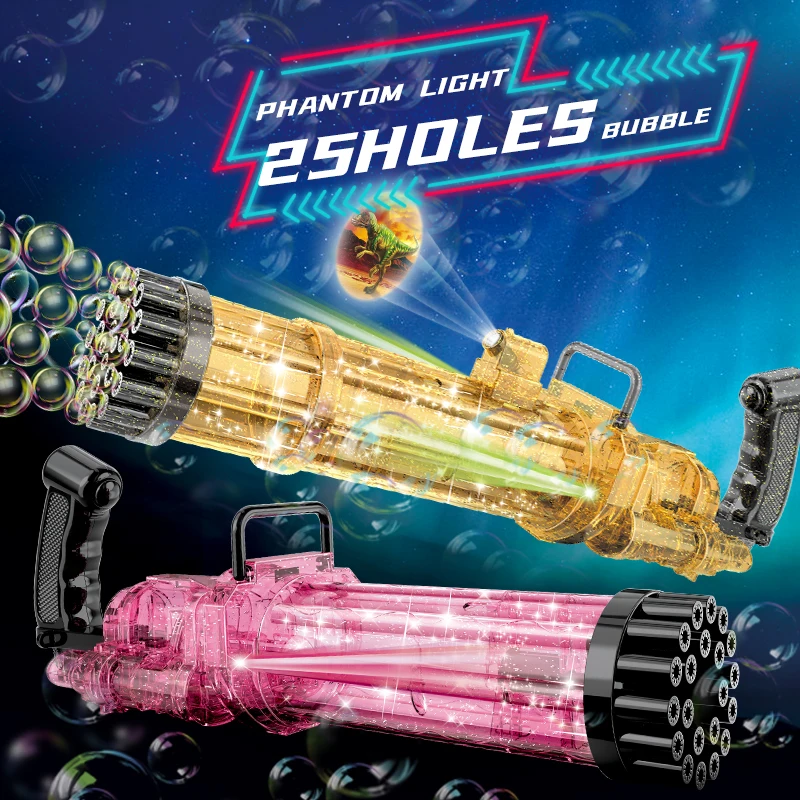 Pistolet do robienia baniek mydlanych Gatling, elektryczna zabawka do robienia baniek z 25 otworami i światłem, prezent dla dzieci
