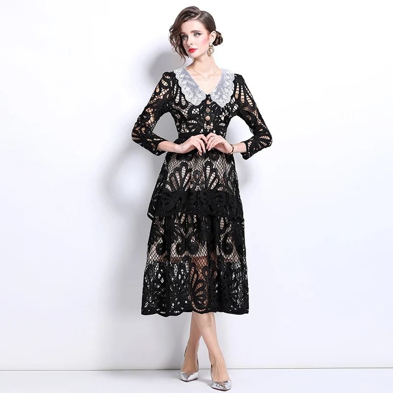 High-End Crochet Lace Hollow Out  Autumn Dress Women's Runway Embroidery Designer Vintage Elegant Long Sleeve Midi Dresses