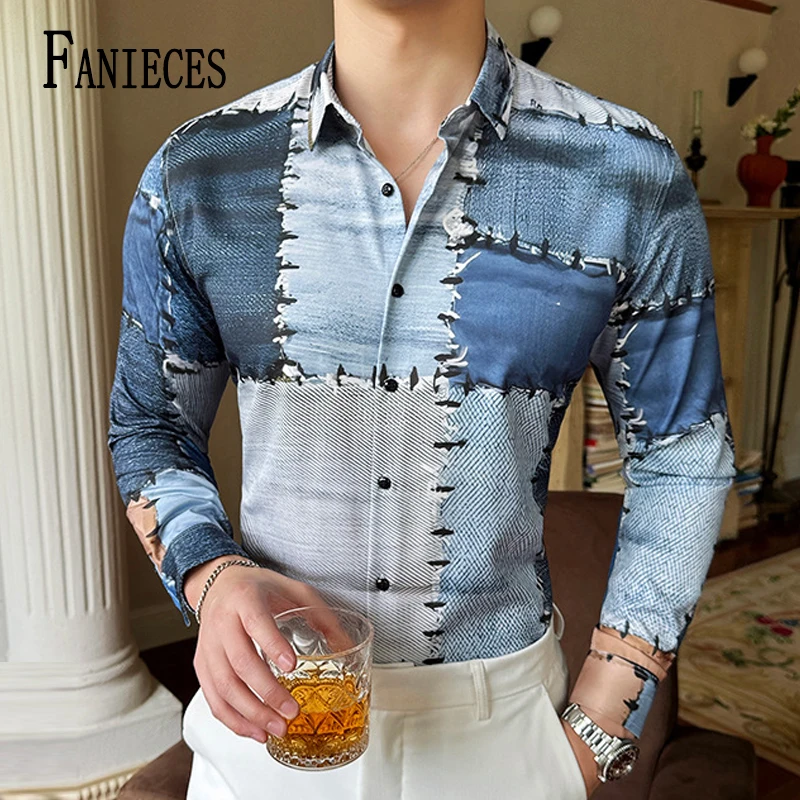 

M-6XL Long Sleeve Men's Formal Shirts Autumn Tops Print Regular Fit Formal Dress Shirt No Ironing Social High Quality Shirt