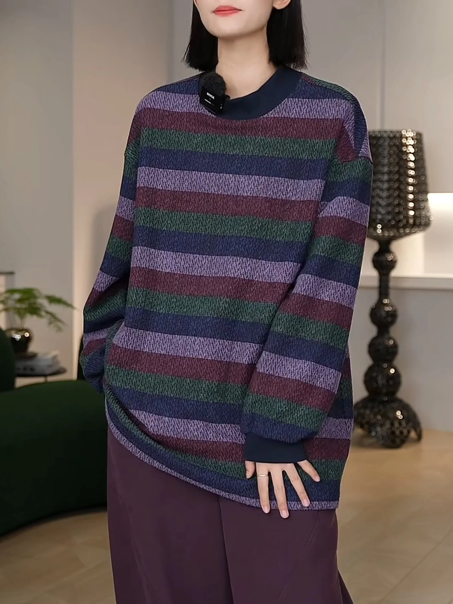 

Повседневный полосатый трикотажный свитшот с длинным рукавом и круглым вырезом, свободный крой, большие размеры, женский топ, стройнящий эффект, комплект одежды больших размеров