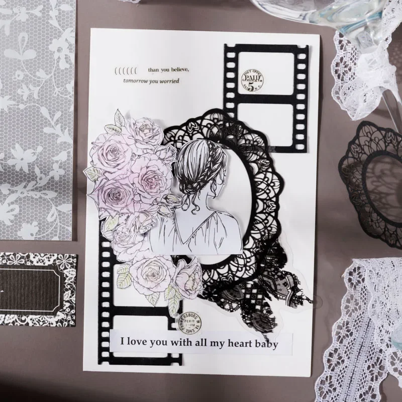 100 Sheets Black Night Lace Series Handbook Gift Box for Material Decorative Diy Scrapbooking Sticker Label Craft Stationery