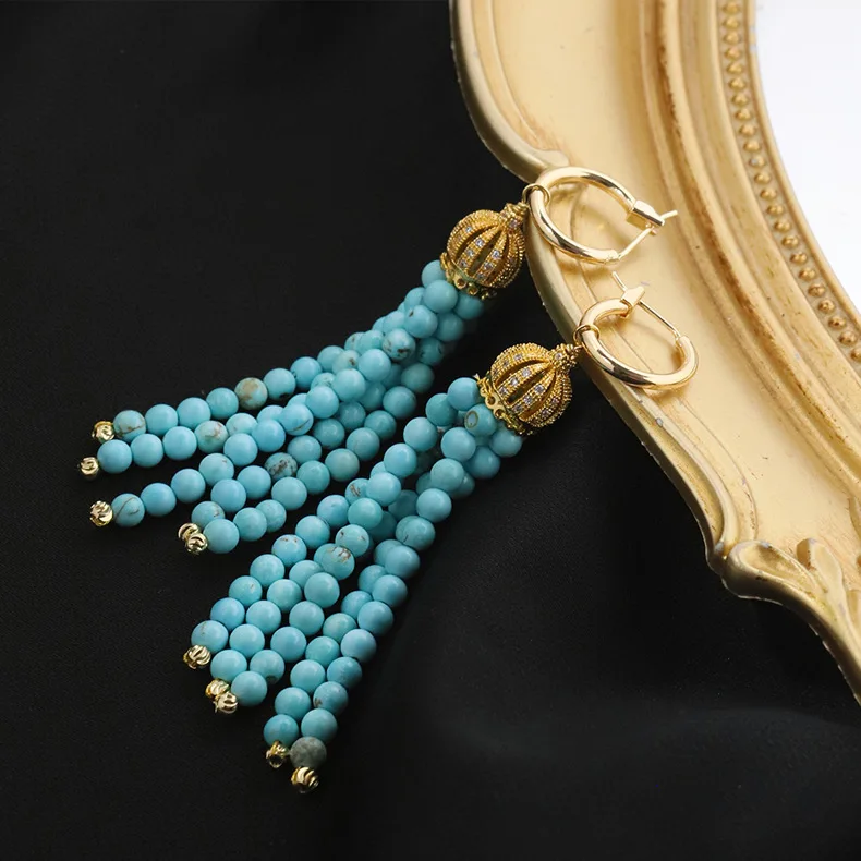 

Retro Turquoise Long Tassel Drop Earrings Rhinestone Bohemian Blue Beaded Fringed Crystal Dangle Earrings for Women Jewelry Gift