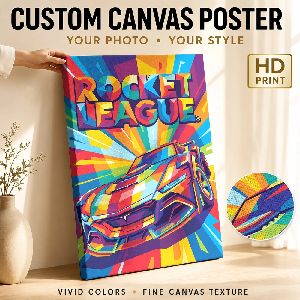 Rocket League Angular Sports Car Framed Canvas Print Personalized Photo Multicolor Polygon Shapes Wall Art For Console Corner