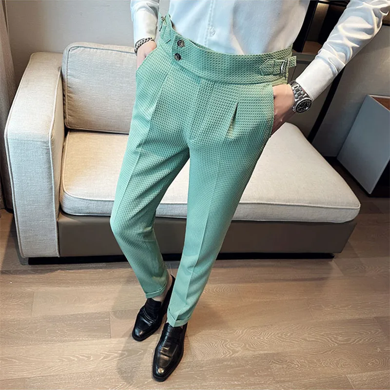 New Arrival Pure Color Men Waffle Suit Pants Fashion Design Male Business Banquet Wedding Party Dress Trousers