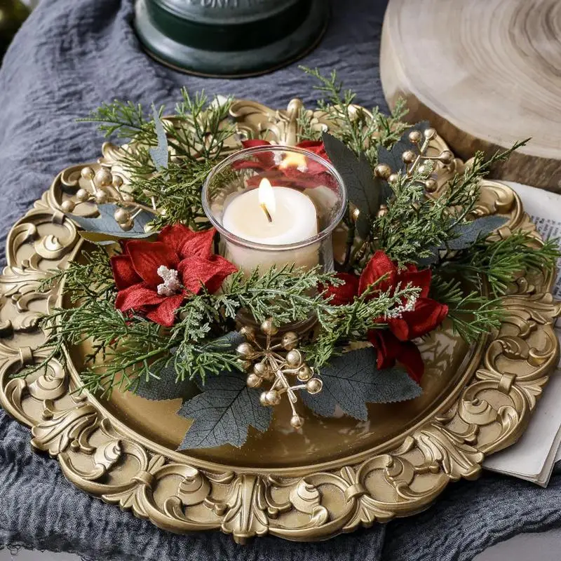 Christmas Candlestick Wreath Artificial Plants Garland Candle Ring Xmas Table Decoration Fake Leaves Wreath For Candle Holder