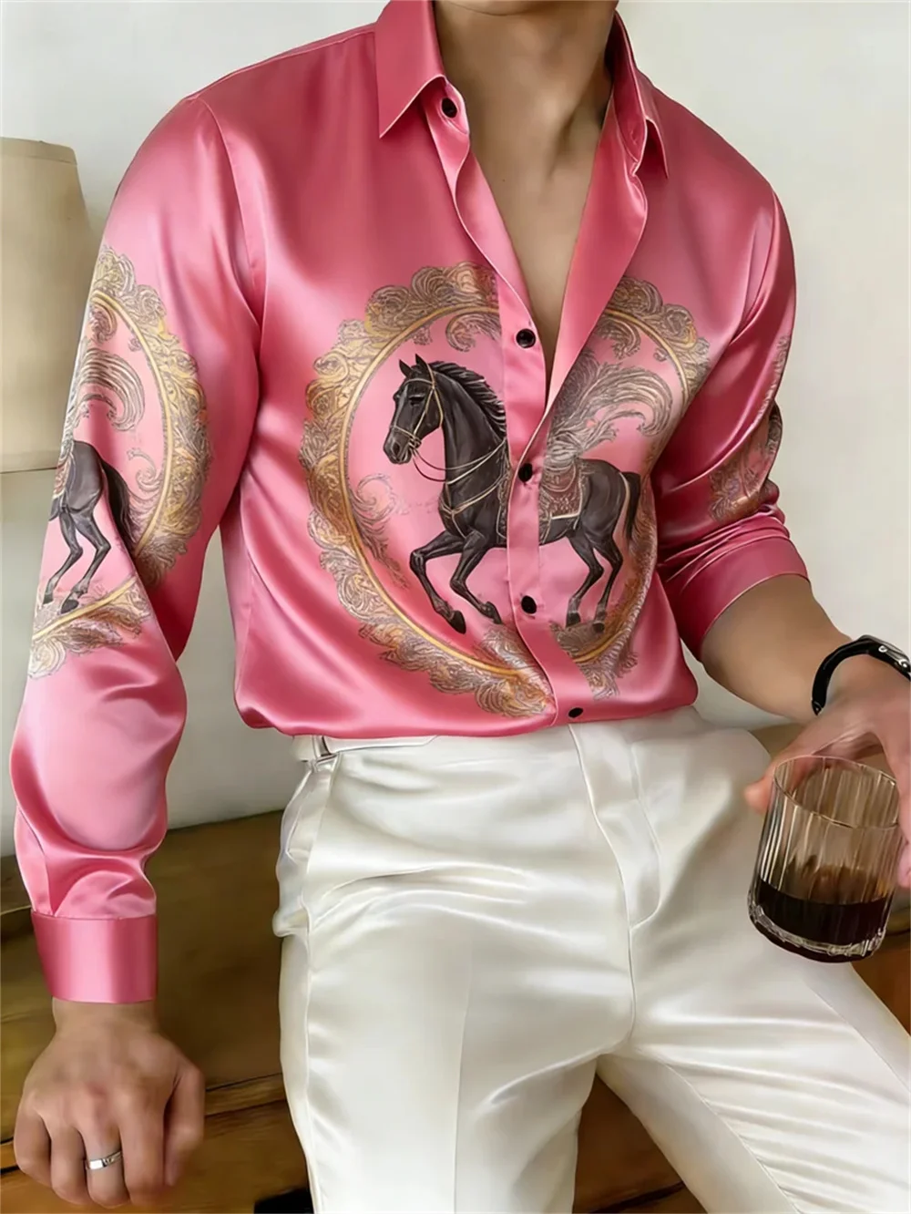 

Men's Casual Fashionable 3D Pink Horse Print Long Sleeve Lapel Shirt New 2026