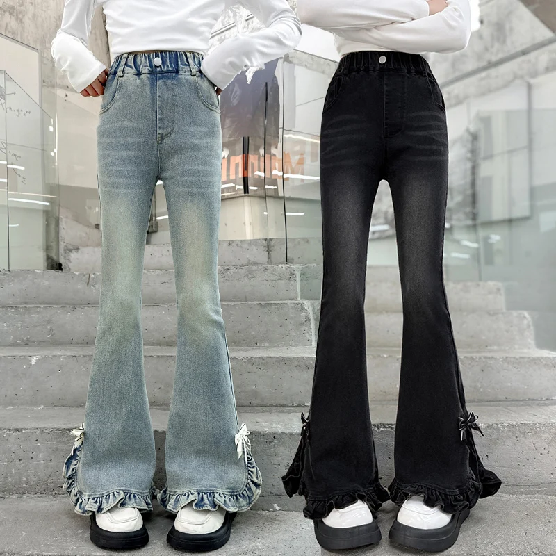 

New Retro Kids Children Flare Jeans with Bow Fashionable Streetwear Hot Girl Style Design Slim Straight Bootcut Denim Pants 4-14