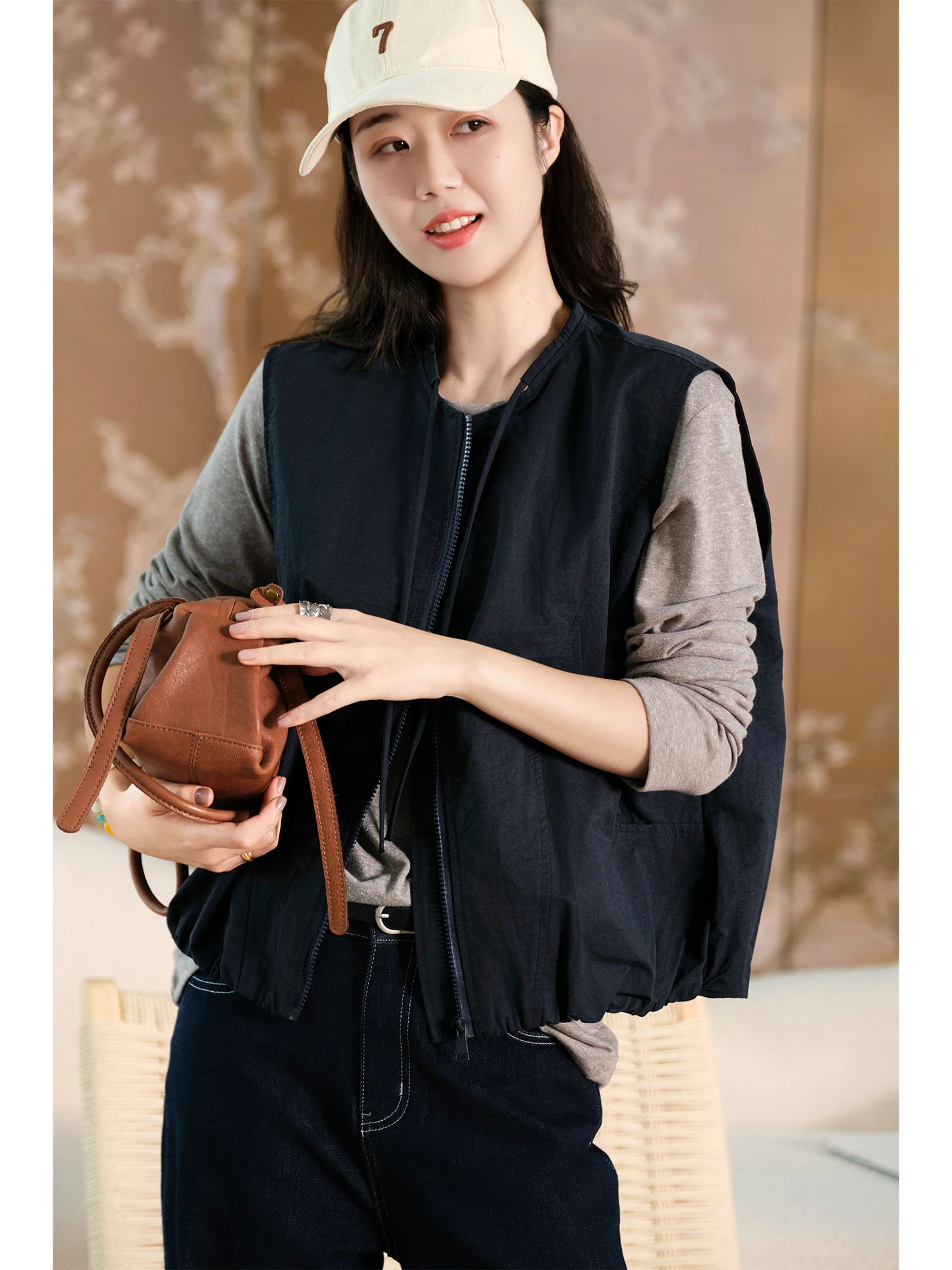 Women's Drawstring Zipper round Neck Vest Jacket Cotton Nylon Blend Fabric Bloom Elastic Hemline Traditional Embroidery Texture