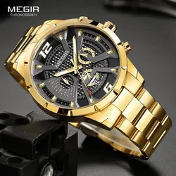 MEGIR-Montre à quartz dorée pour homme, montre-bracelet analogique chronographe étanche, date automatique, aiguilles shoes, bracelet en acier, mode