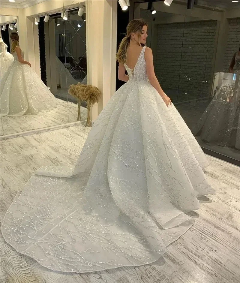 Flavinke Customized Square Collar Wedding Dresses Elegant Lace Appliques Sequins Sleeveless Bridal Gown Princess Bride Dresses