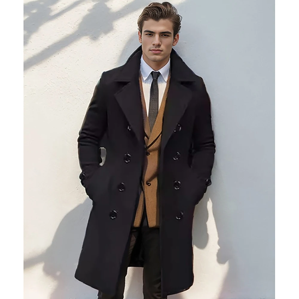 Autumn and winter men\'s woolen coat casual and fashionable double breasted long men\'s woolen coat