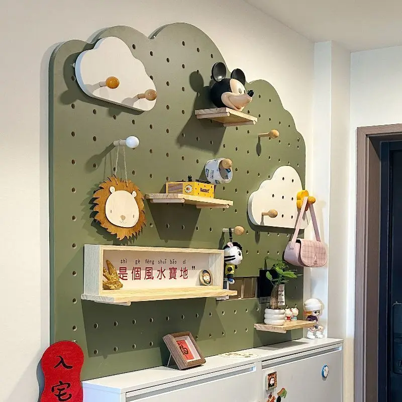 

Customizable Solid Wood Pegboard Wall Panel Entryway Organizer with Hooks Decorative Storage Shelf Mountable Coat Rack