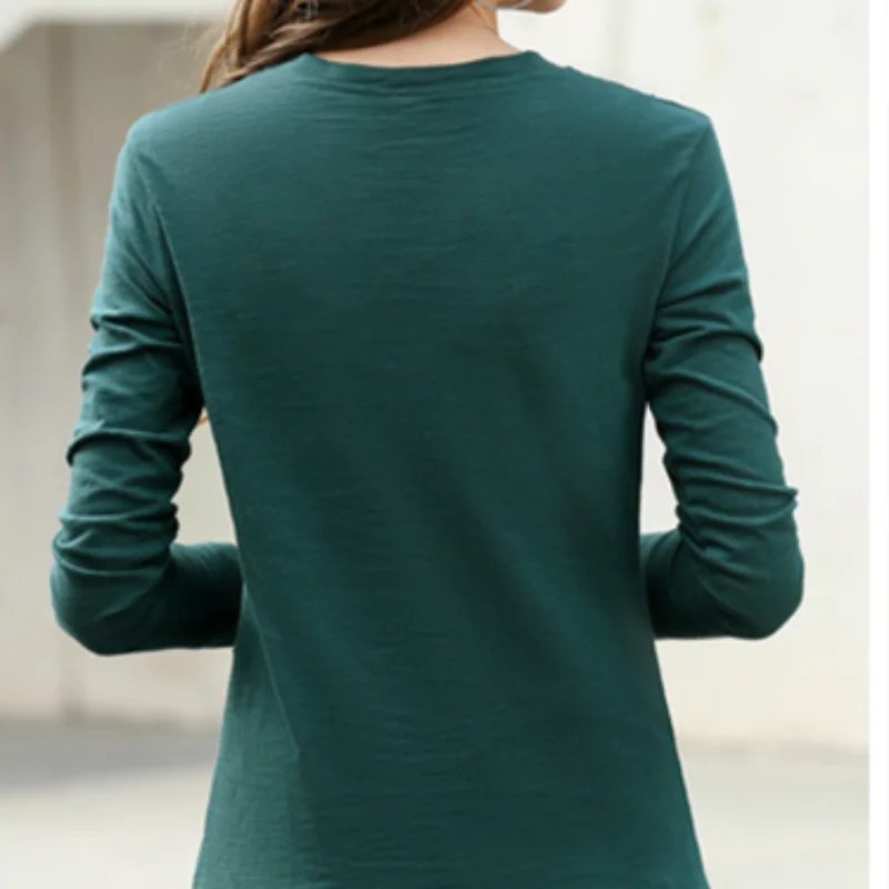 2023 Ribbed Spring Fashion Bamboo Cotton T-Shirt Autumn O-Neck Loose casual Women Shirt Long Sleeve Lady Green Top 17279