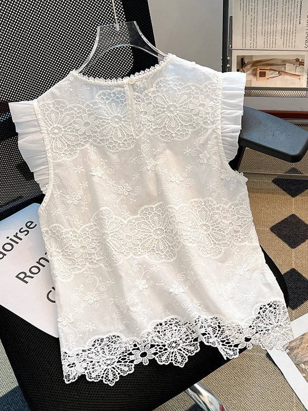 레트로 자수 조끼 여성 여름 루즈 레이스 트림 헴 이너웨어 플라이 슬리브 스몰 탑 편안한 통기성 면