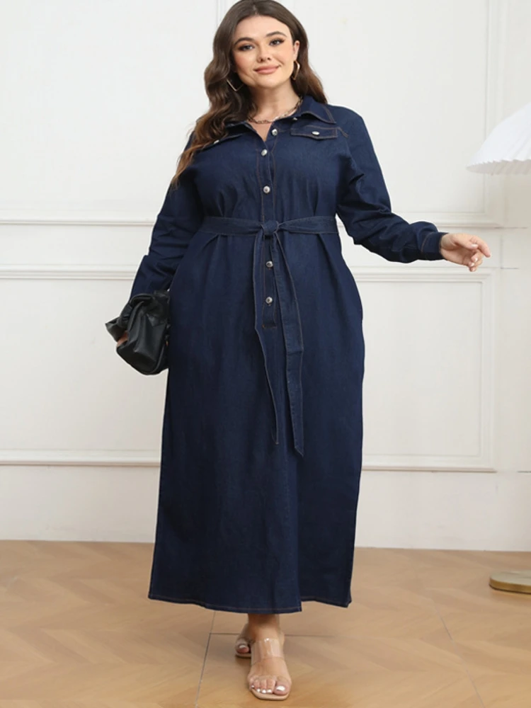 4XL 5XL Big Size Streetwear Denim Long Maxi Dress Women Spring Autumn Solid Color Button Up Shirts Dress Loose Casual Vestidos