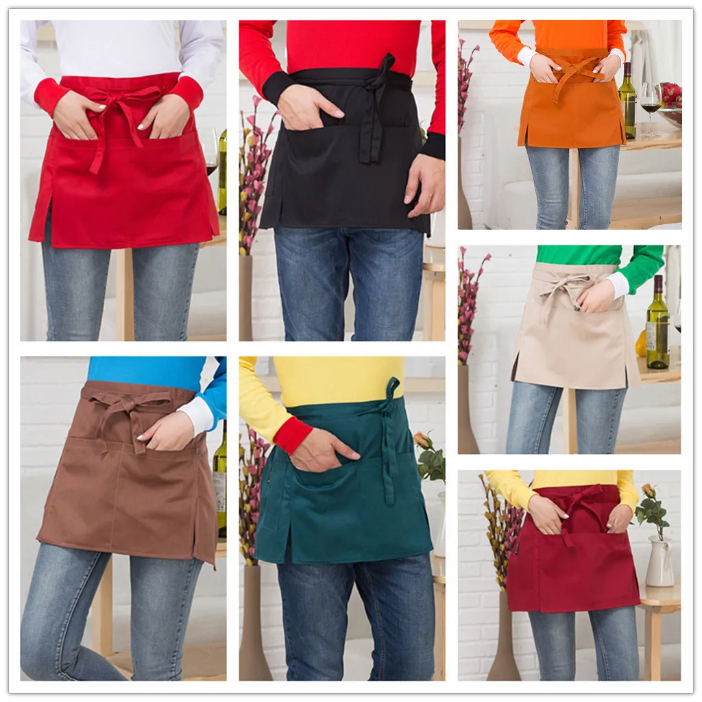 Summer Apron Canvas Waterproof Half Apron Waiter Uniform with Pocket for Waitress or Baking Mats 8 Colors Size 53*65cm