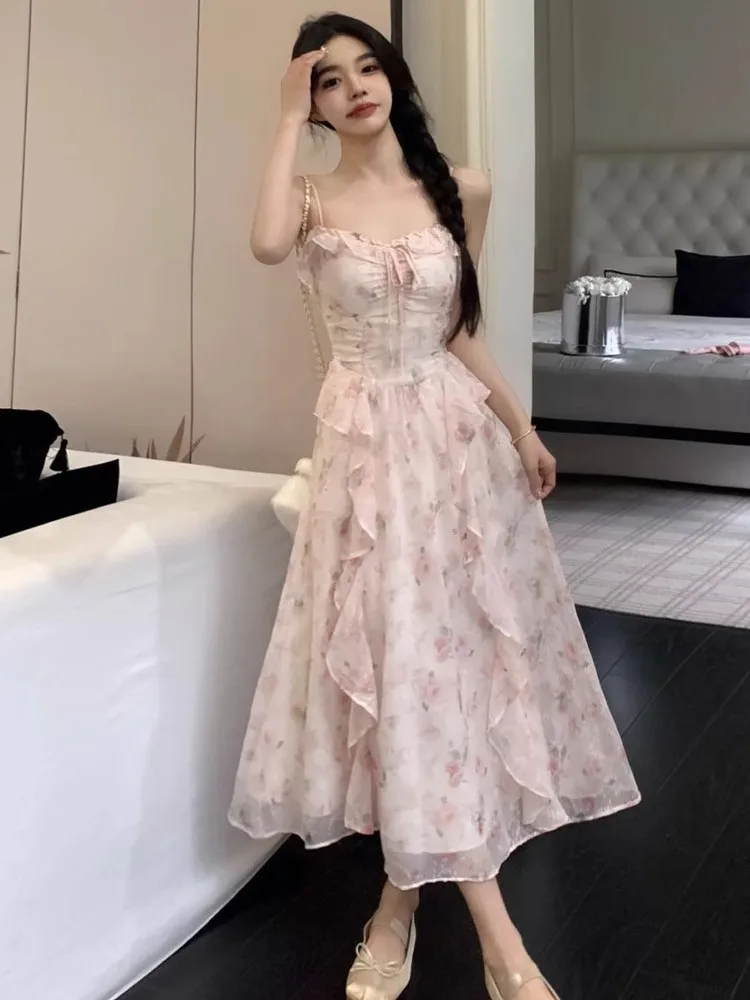 เดรสยาวลายดอกไม้ฤดูร้อนสำหรับผู้หญิง ดีไซน์สวยหรู ทรงเข้ารูป สายเดี่ยวยาว สไตล์สุภาพสตรี