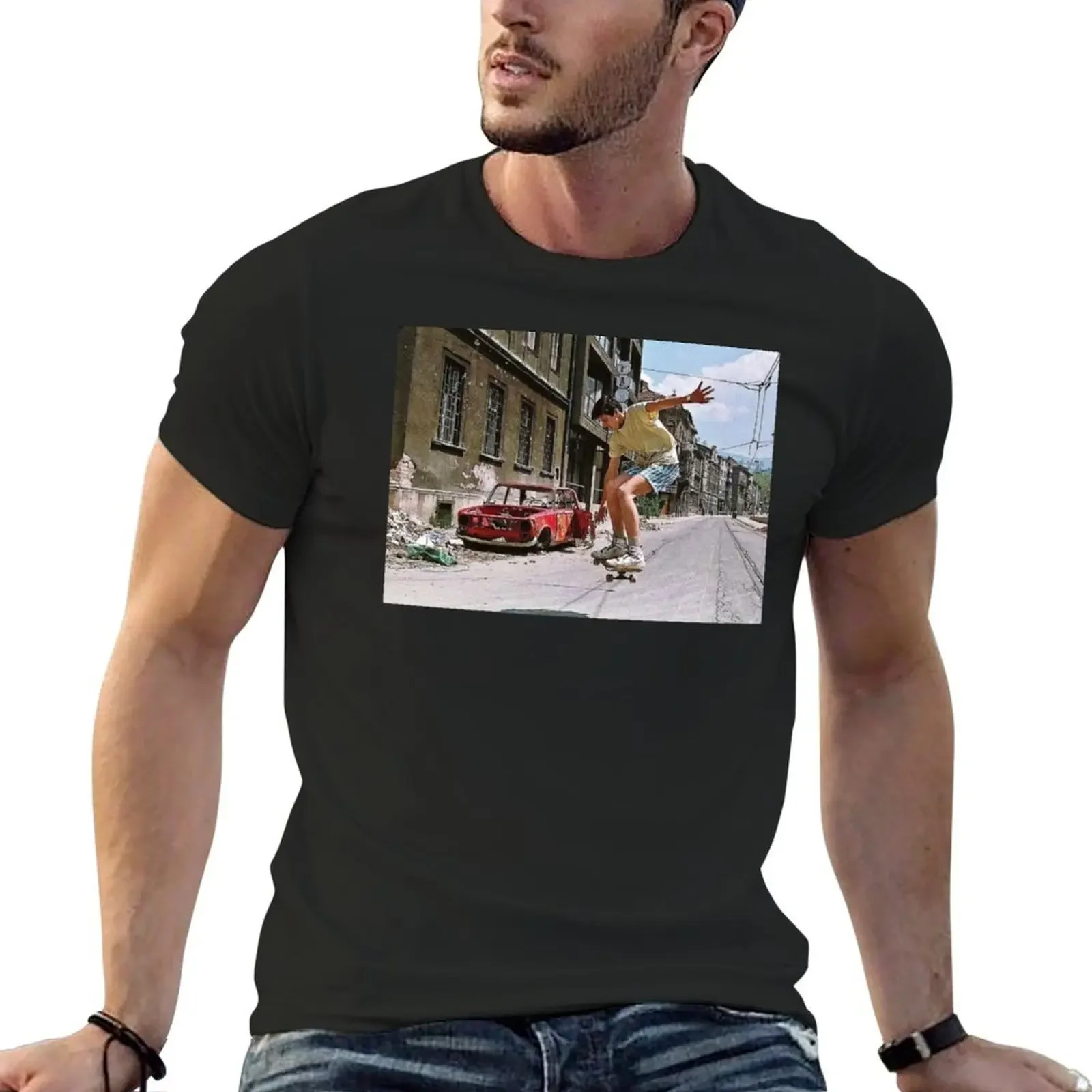 

Skateboarding during siege of Sarajevo T-Shirt anime tshirt oversizeds cheap stuff kawaii clothes Men's clothing