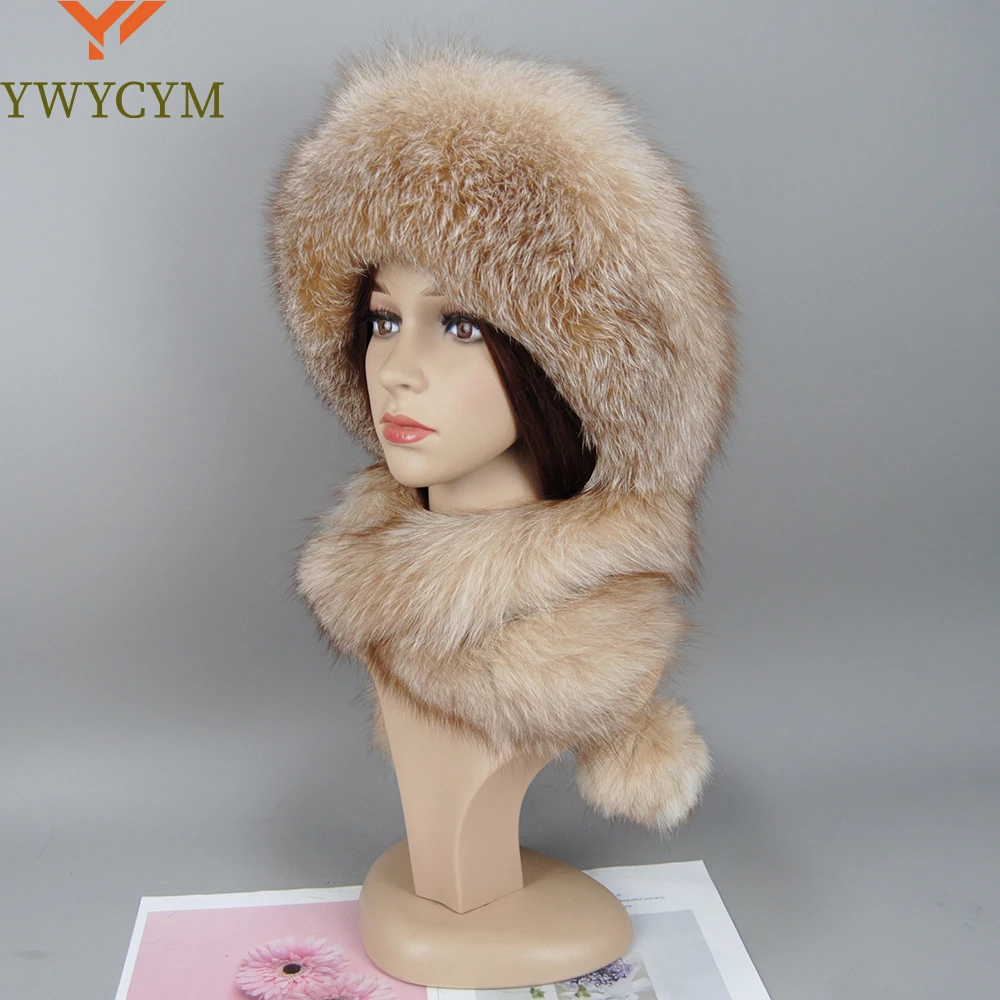 Women's Real Fox Fur Hat Scarf Mongolian Bomber Hat Ladies Winter Warm Fox Fur Earflap Caps Russia Winter Real Fur Hat