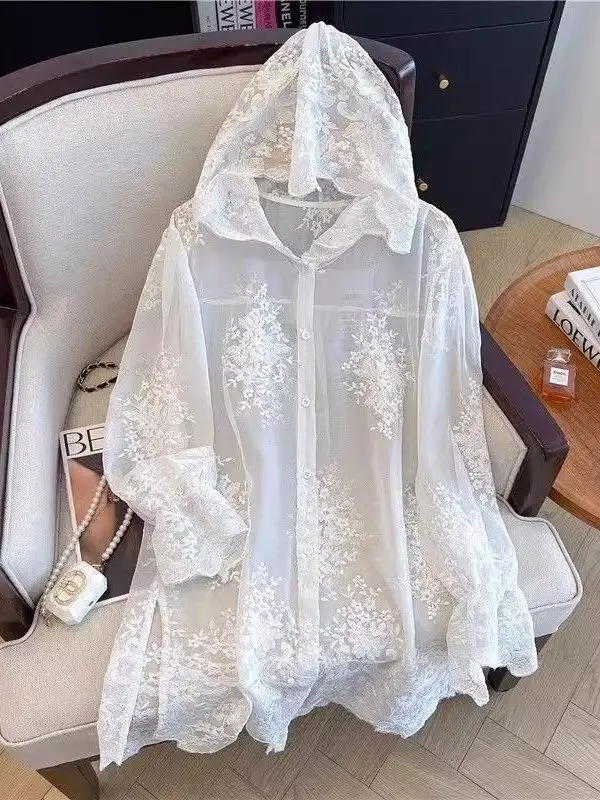 

White Lace Embroidered Hooded Sun Protection irt Women's Summer plus Size Loose Fit Long Sve Micro Transparent Top Outer...