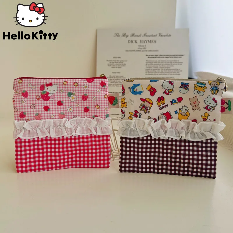 

Sanrio Hello Kitty Lace Splicing Square Zipper Bags 2 Piece Set Plaid Storage Small Items Pocket For Women Y2k Cute Purse Pouch