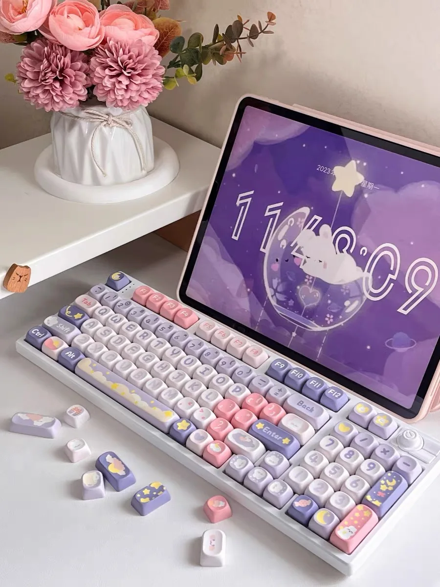 MOA Keycaps Gift 140 Keys for Girl Cute Key Cap Square Thermal Sublimation Mechanical Keyboard includ2.25 U 2.75U Split Spacebar