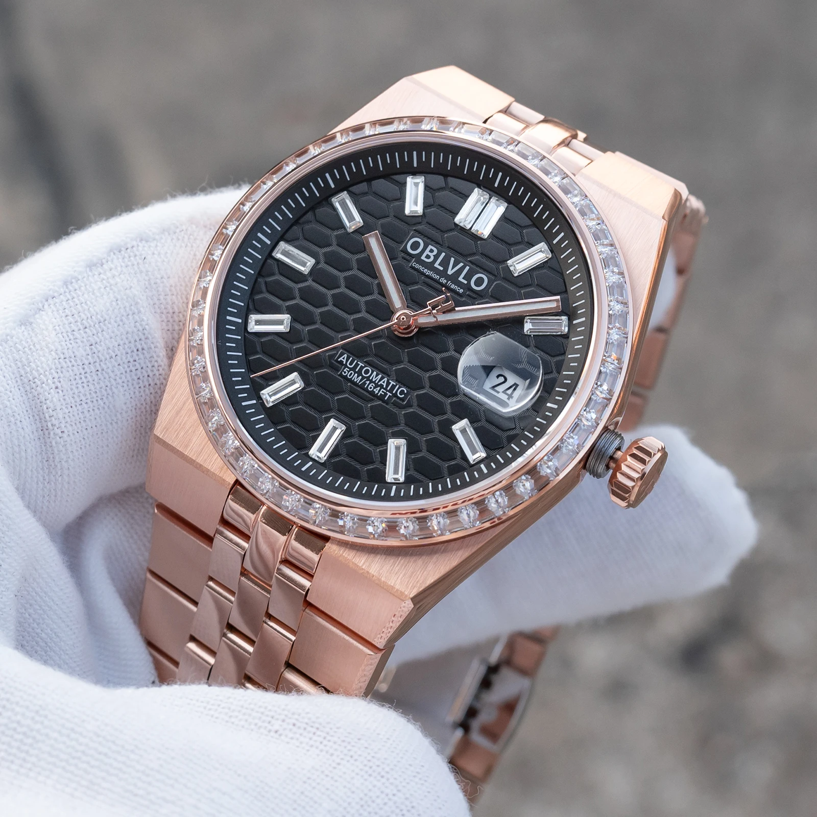 

Мужские автоматические часы OBLVLO из розового золота, 40 мм, с текстурированным черным циферблатом, водонепроницаемые, с датой, механический браслет, модель RX-LD
