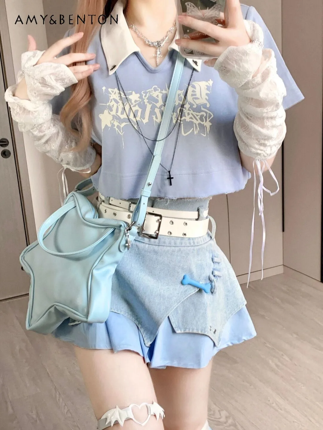 Hot Girl Sexy Dopamine Girl Skirt Sets Women Summer Short Tops High Waist Denim Skirt Leg Warmer Kawaii Three Piece Set Women