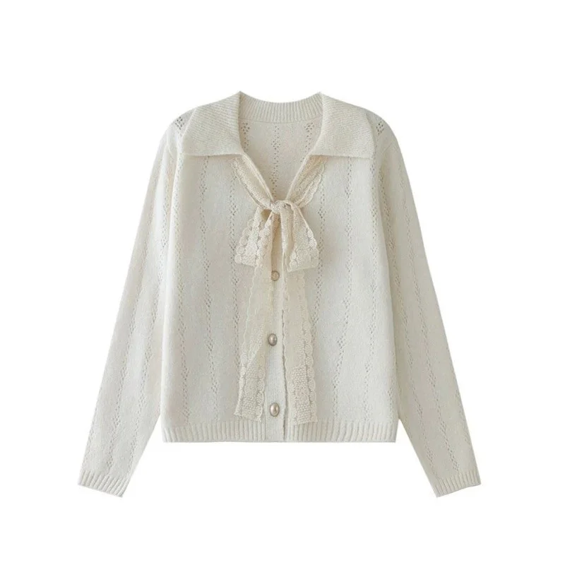 Maglione con risvolto giallo con scollo a V francese da donna Primavera Autunno Cardigan lavorato a maglia a maniche lunghe Cappotto maglione Giacca coreana in maglia
