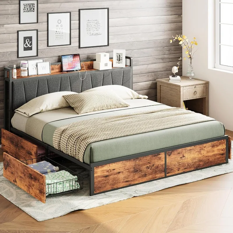 home.King Bed Frame with 4 Storage Drawers, Platform Bed with Charged Headboard, Sturdy and Stable, No Noise, No Box Spr