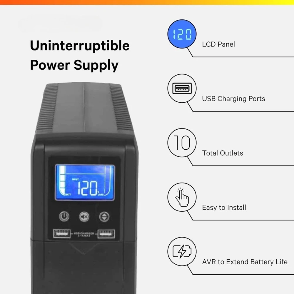 أجهزة الكمبيوتر وملحقاتها.1000VA/600W 120V Line Interactive AVR Tower UPS، 10 منافذ، 2 منفذ شحن USB، بطارية احتياطية